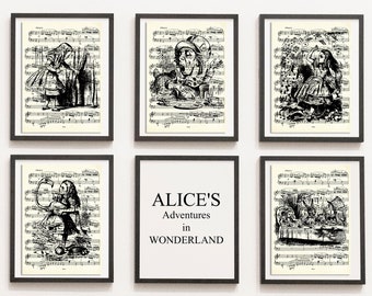 Print Set van 5 Alice in Wonderland, Music Sheet, Mad Hatter, Getekende Illustratie, DIGITALE DOWNLOAD