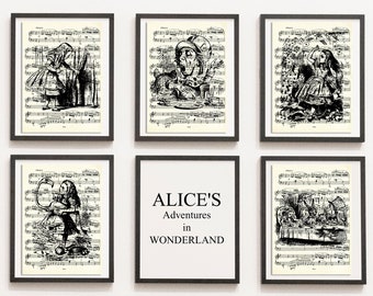 Print Set of 5 Alice in Wonderland, Music Sheet, Mad Hatter, Drawn Illustration, DIGITAL DOWNLOAD