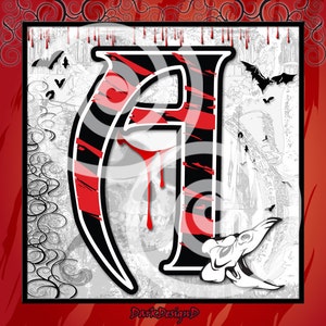 May include: A black and red gothic letter A with dripping blood, set against a white background with black swirls and bats. The letter is stylized with sharp edges and a jagged design. The background features a gothic-inspired design with bats and swirls.