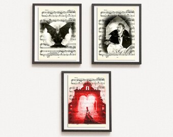 Print Set van 3 Mooie Gothic, Muziekblad, Getekende Illustratie, Vampire, DIGITALE DOWNLOAD