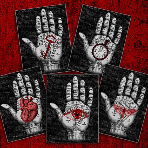 Print Set of 5 Beautiful Gothic Hand Drawn Illustration, Fortune telling, Palmistry Hand DIGITAL DOWNLOAD
