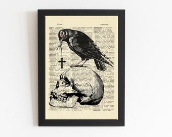 Skull with Raven, Human Skull, Raven, Dictionary Art Print, Cross, Drawn Illustration,DIGITAL DOWNLOAD