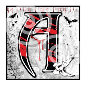 May include: A black and red gothic letter A with a skull and dripping blood in the background. The letter is set against a white and gray background with bats and other gothic imagery.