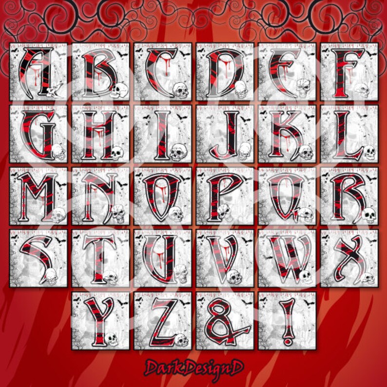 May include: A set of 26 alphabet letters in a gothic font with a black and red striped pattern and dripping blood. The letters are on a white background with a skull and bat design.