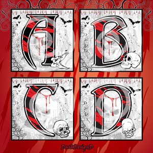 May include: Four black and white images of the letters A, B, C, and D with red and black stripes. Each letter has a skull and dripping blood. The background is a black and white pattern of trees and bats.