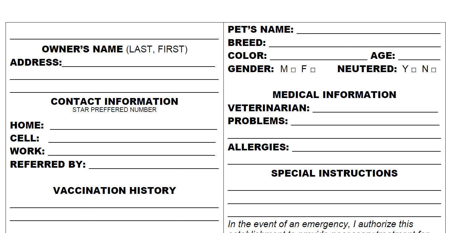 Pet Grooming Client Record Card Digital Download Regarding Dog Grooming Record Card Template