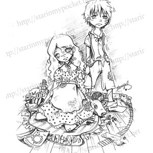 May include: A black and white line drawing of a girl and boy with distressed clothing and sad expressions. The girl is sitting on a rug with a toy bear and blocks. The boy is standing next to her. The drawing is surrounded by a train track.