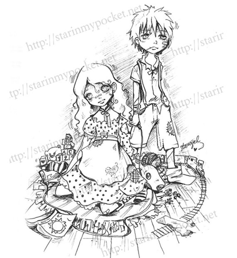 May include: A black and white line drawing of a girl and boy with distressed clothing and sad expressions. The girl is sitting on a rug with a toy bear and blocks. The boy is standing next to her. The drawing is surrounded by a train track.