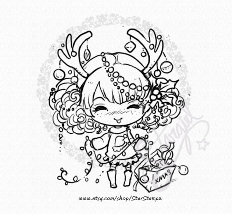 May include: A black and white line art illustration of a girl wearing a reindeer headband and a Christmas sweater. She is holding a string of lights and a gift bag that says "XMAS".