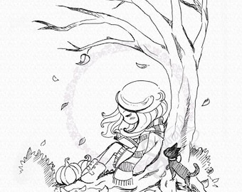 Autumn Fall Girl Reading DIGITAL STAMP Instant Download