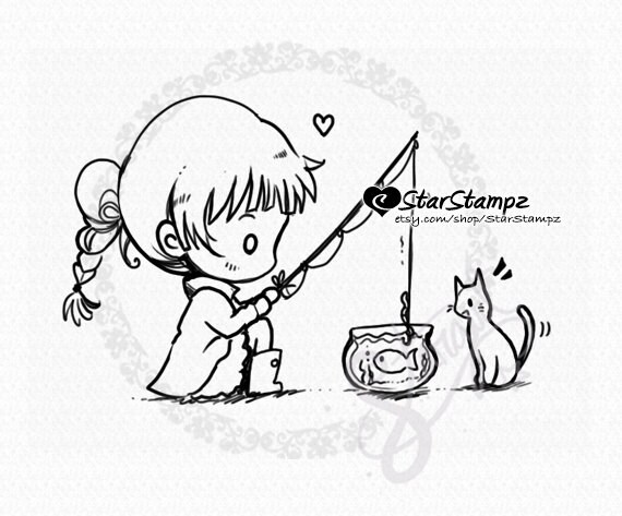 Goldfish Fishing DIGITAL STAMP Instant Download