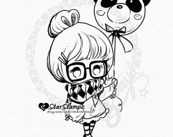 Panda Balloon DIGITAL STAMP Instant Download