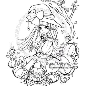 Puede incluir: Una ilustraci&oacute;n en blanco y negro de una bruja con un gran sombrero y un lazo, sosteniendo una cesta de calabazas. Est&aacute; rodeada de calabazas y enredaderas. El texto "Digital Stamp by Star etsy.com/shop/StarStamps" est&aacute; en la parte inferior de la imagen.