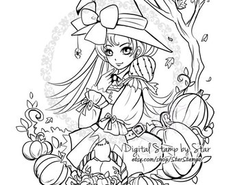 Sorcière citrouille - TIMBRE NUMÉRIQUE Lineart Coloriage Téléchargement instantané