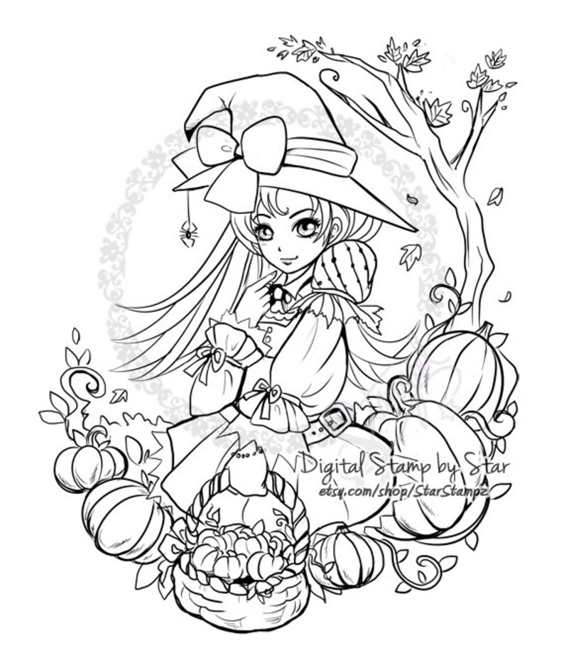 Puede incluir: Una ilustraci&oacute;n en blanco y negro de una bruja con un gran sombrero y un lazo, sosteniendo una cesta de calabazas. Est&aacute; rodeada de calabazas y enredaderas. El texto "Digital Stamp by Star etsy.com/shop/StarStamps" est&aacute; en la parte inferior de la imagen.