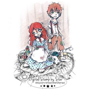 May include: A digital stamp featuring a girl and boy with red hair. The girl is wearing a blue and white polka dot dress with a white apron and a red heart on the front. The boy is wearing a red and white striped shirt and brown pants. They are surrounded by toys and other objects.