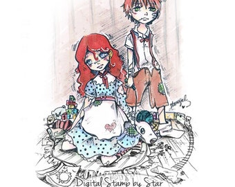 Raggedy Anne en Andy Dolls - DIGITALE STEMPEL Instant Download voor Cards & Crafts