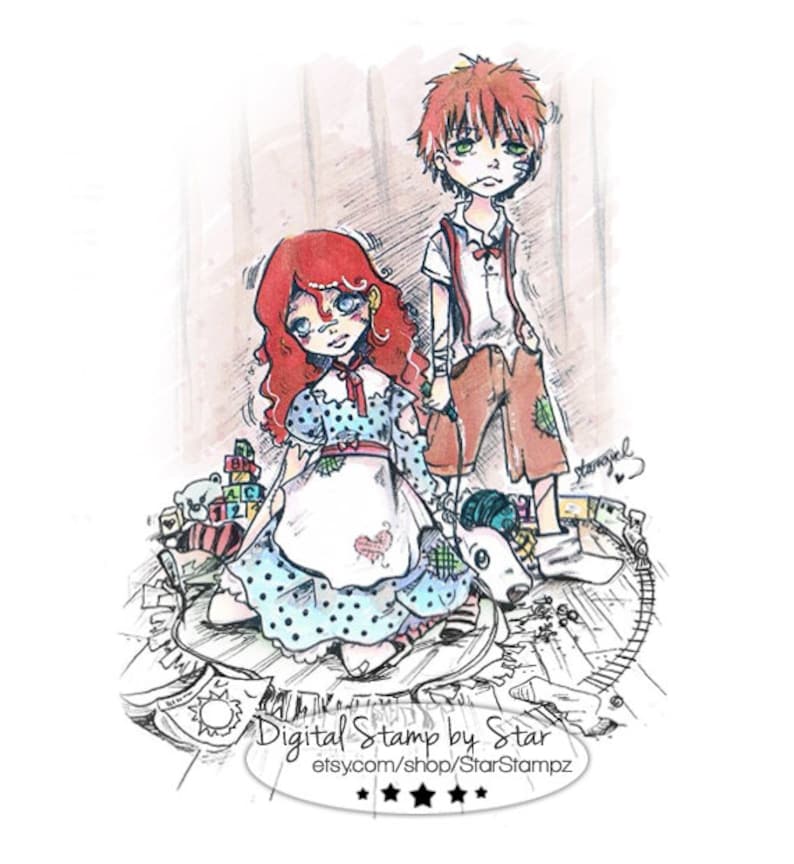 May include: A digital stamp featuring a girl and boy with red hair. The girl is wearing a blue and white polka dot dress with a white apron and a red heart on the front. The boy is wearing a red and white striped shirt and brown pants. They are surrounded by toys and other objects.
