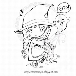 K&ouml;nnte beinhalten: Eine Schwarzwei&szlig;-Zeichnung einer Hexe, die auf einem Besen reitet, mit einem Geist, der hinter ihr "Boo!" sagt.