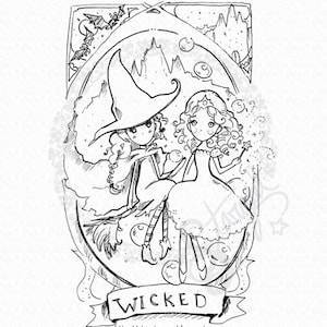 May include: Black and white line art illustration of a witch and a fairy flying through the air. The witch is riding a broomstick and the fairy is holding a wand. The image is framed with a decorative border and the word "WICKED" is written in a banner at the bottom. The website address "http://starstampz.blogspot.com" is written below the banner.