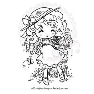 May include: A black and white line drawing of a girl with curly hair wearing a sun hat and a dress. She is holding a bouquet of flowers and smiling. There are butterflies and flowers around her.