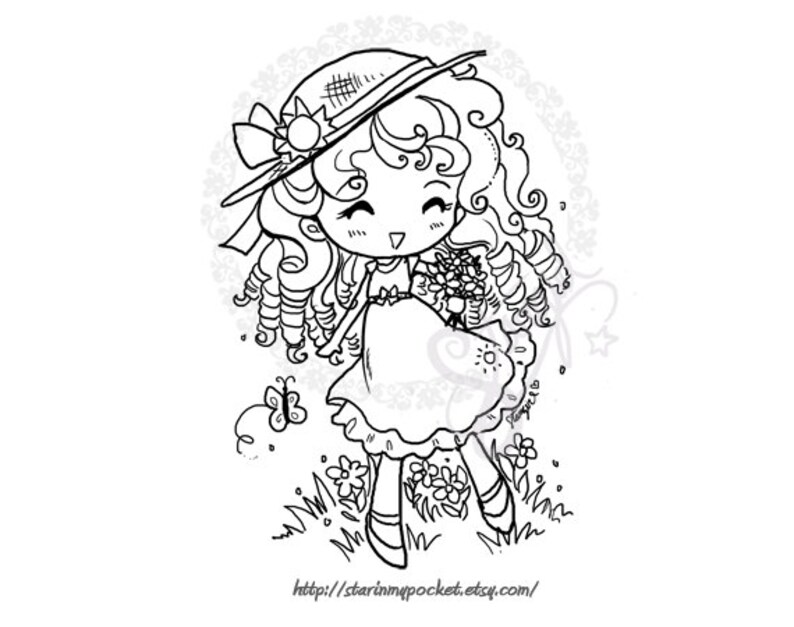 May include: A black and white line drawing of a girl with curly hair wearing a sun hat and a dress. She is holding a bouquet of flowers and smiling. There are butterflies and flowers around her.