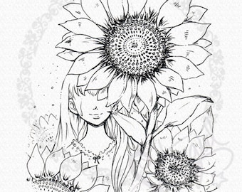 Sunflower Smiles - DIGITAL STAMP Instant Download for Cards & Crafts