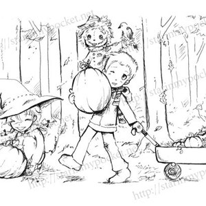 Pumpkin Harvest - Halloween line art DIGITAL STAMP Instant Download