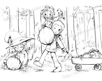 Récolte de citrouille - Dessin au trait Halloween TIMBRE NUMÉRIQUE Téléchargement instantané