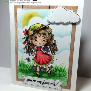 May include: A greeting card with a cartoon illustration of a girl wearing a red dress and a green hat. The girl is holding a bouquet of purple flowers. The card has a wooden background and a banner that says "you're my favorite!"