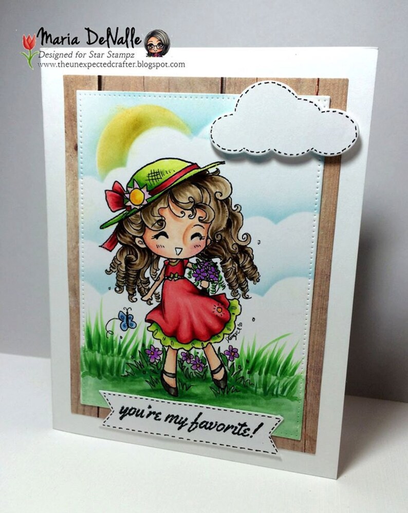 May include: A greeting card with a cartoon illustration of a girl wearing a red dress and a green hat. The girl is holding a bouquet of purple flowers. The card has a wooden background and a banner that says "you're my favorite!"