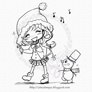May include: A black and white line drawing of a girl wearing a Santa hat and holding a candy cane. She is smiling and walking towards a snowman with a top hat and scarf. The girl is singing Christmas carols, as indicated by the musical notes in the background.