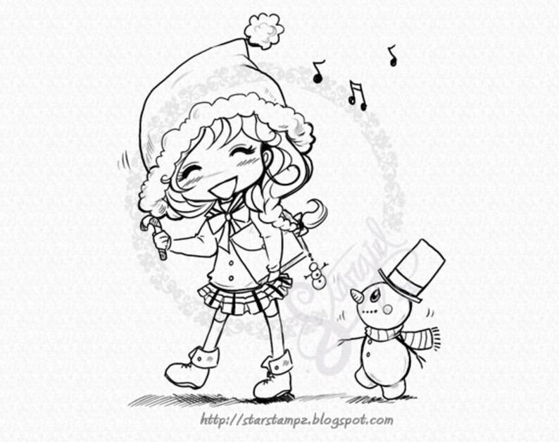 May include: A black and white line drawing of a girl wearing a Santa hat and holding a candy cane. She is smiling and walking towards a snowman with a top hat and scarf. The girl is singing Christmas carols, as indicated by the musical notes in the background.