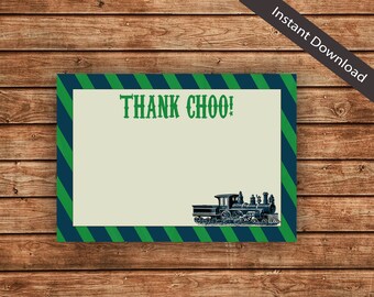 Vintage Train "Thank Choo" Thank You Notes – Birthday Party, Blue & Green (Instant Download)