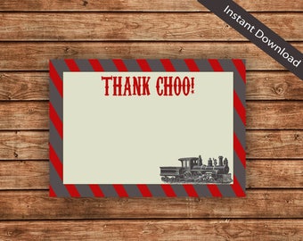 Vintage Train Thank You Notes - Red and Gray (Instant Download)