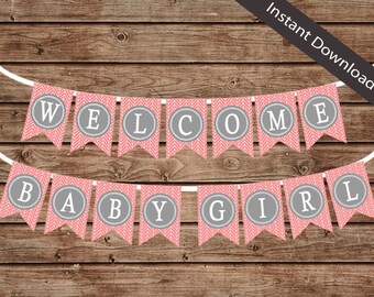Welcome Baby Girl Banner – Pink Herringbone Baby Shower (Instant Download)