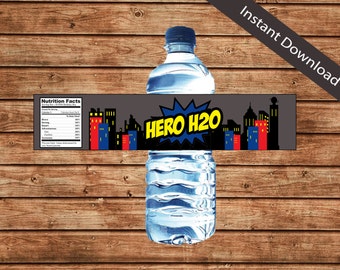 Superhero "Hero H2O" Water Bottle Labels – Birthday Party Decor (Instant Download)