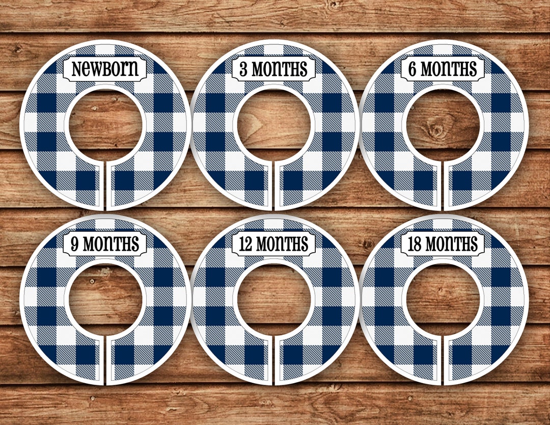 Baby & Adult Closet Size Dividers - Set Of 6 Buffalo Plaid Plastic Dividers For 1.5" Rod, Includes 60 Labels