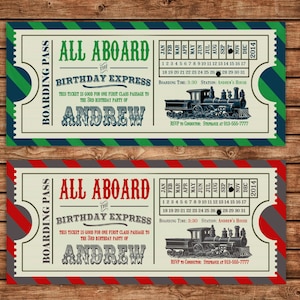 Convite do trem do vintage de <br> Entrega Rápida? Aniversário, Menino, Bilhete, Cartão de Embarque, Azul/Verde ou Vermelho/Cinza | Imprimível