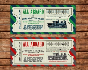 Vintage Train Invitation | Birthday, Boy, Ticket, Boarding Pass, Blue/Green or Red/Gray | Printable