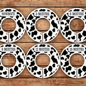 6 Custom Baby Closet Dividers | Cow Print Black and White | 015