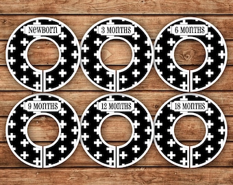 6 Custom Baby Closet Dividers | White Plus Sign / Swiss Cross on Black | 063