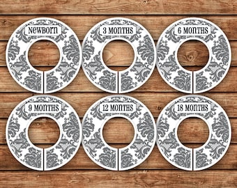 6 Custom Baby Closet Dividers | Damask Dark Gray | 027