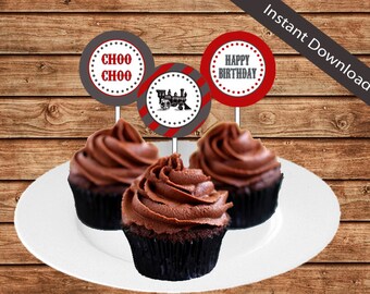 Vintage Train Cupcake Toppers - INSTANT DOWNLOAD | Birthday, Boy, Red, Gray | Printable - 103