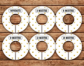 6 Custom Baby Closet Dividers | Gold Hearts on White | 040