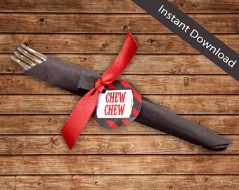 Vintage Train "Chew Chew" Birthday – Silverware Labels, Red & Gray (Instant Download)