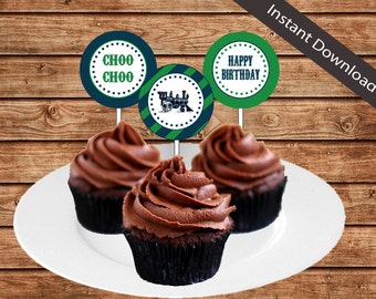 Vintage Train Cupcake Toppers - INSTANT DOWNLOAD | Birthday, Boy, Blue, Green | Printable - 103