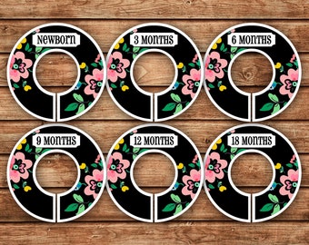 6 Custom Baby Closet Dividers | Floral on Black | 066
