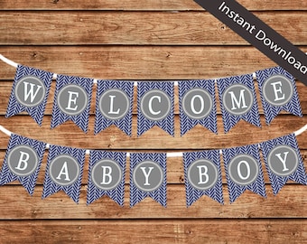 Welcome Baby Boy Banner – Navy Herringbone Baby Shower (Instant Download)