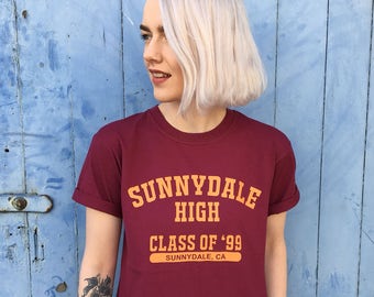 Buffy the Vampire Slayer Burgundy T-Shirt | Sunnydale High Class of 99 Retro Varsity Style Print